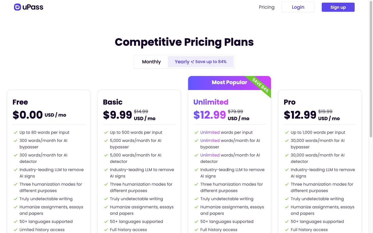 uPass — pricing page
