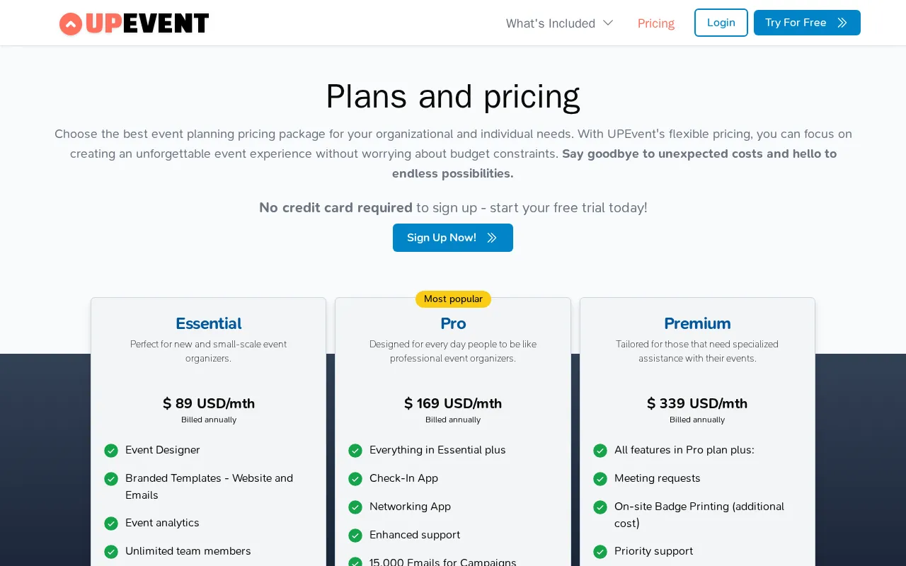 UPEvent — pricing page