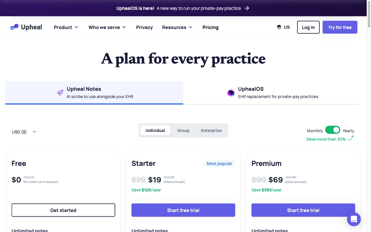 Upheal — pricing page