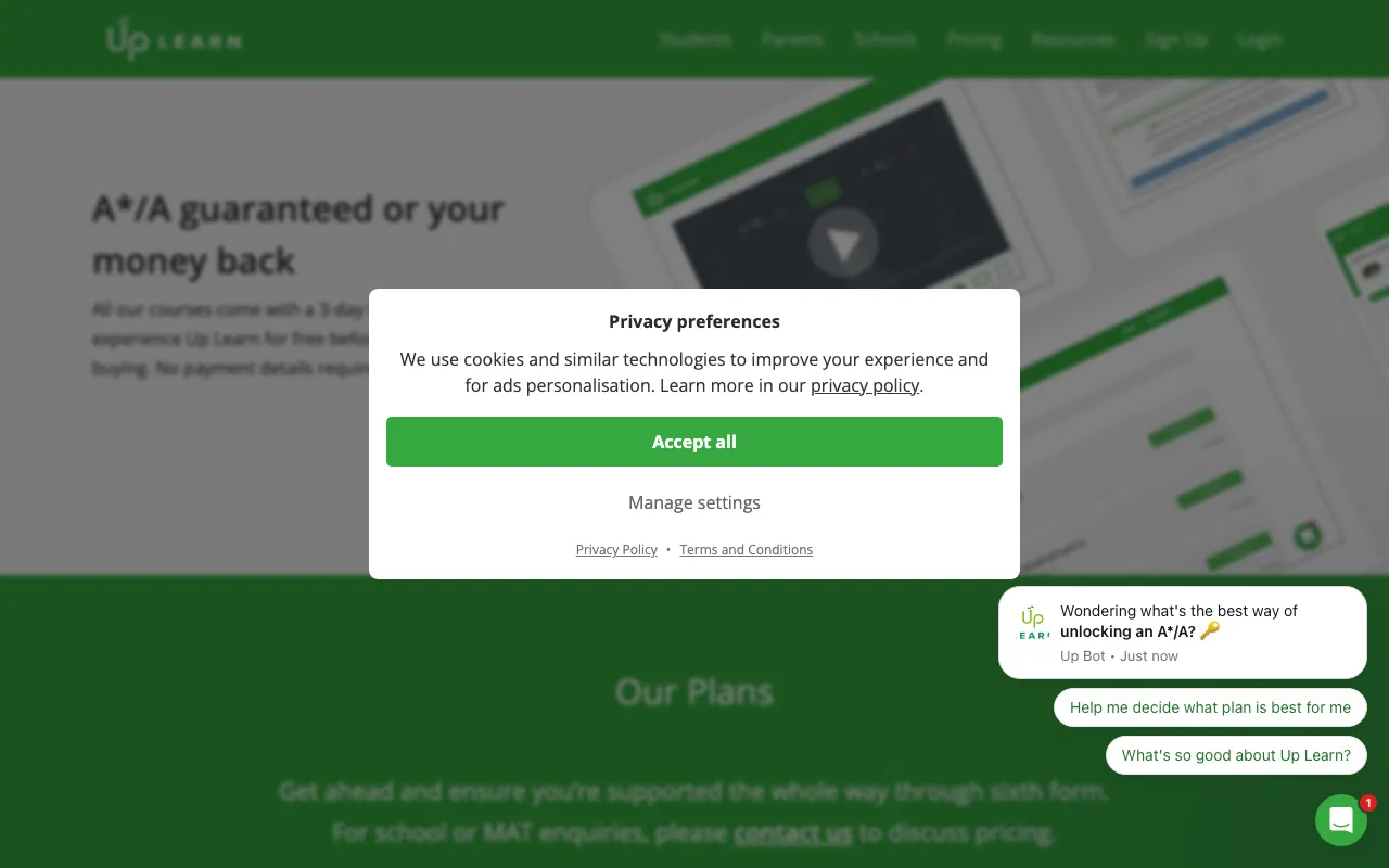 Up Learn — pricing page