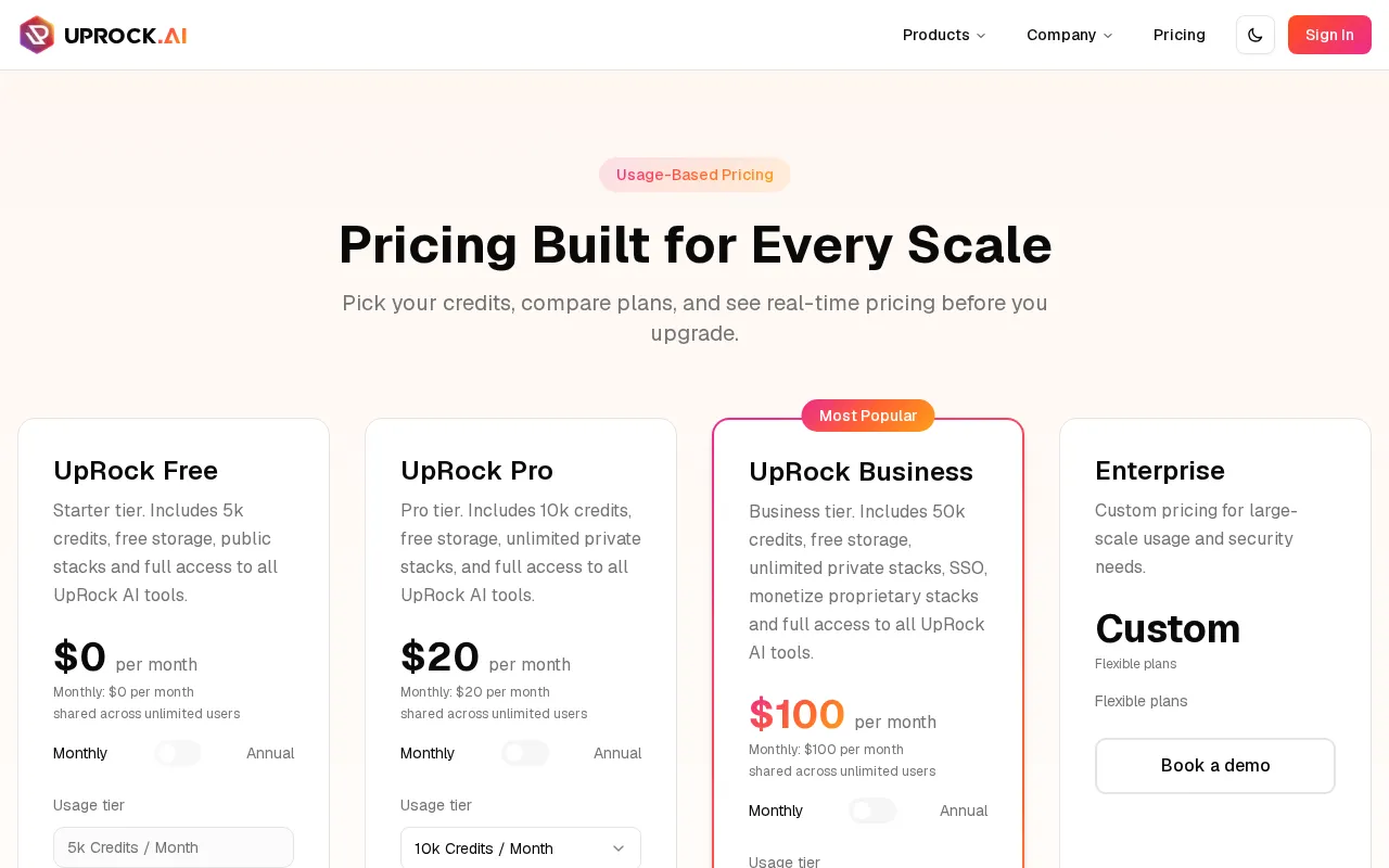 Uprock — pricing page