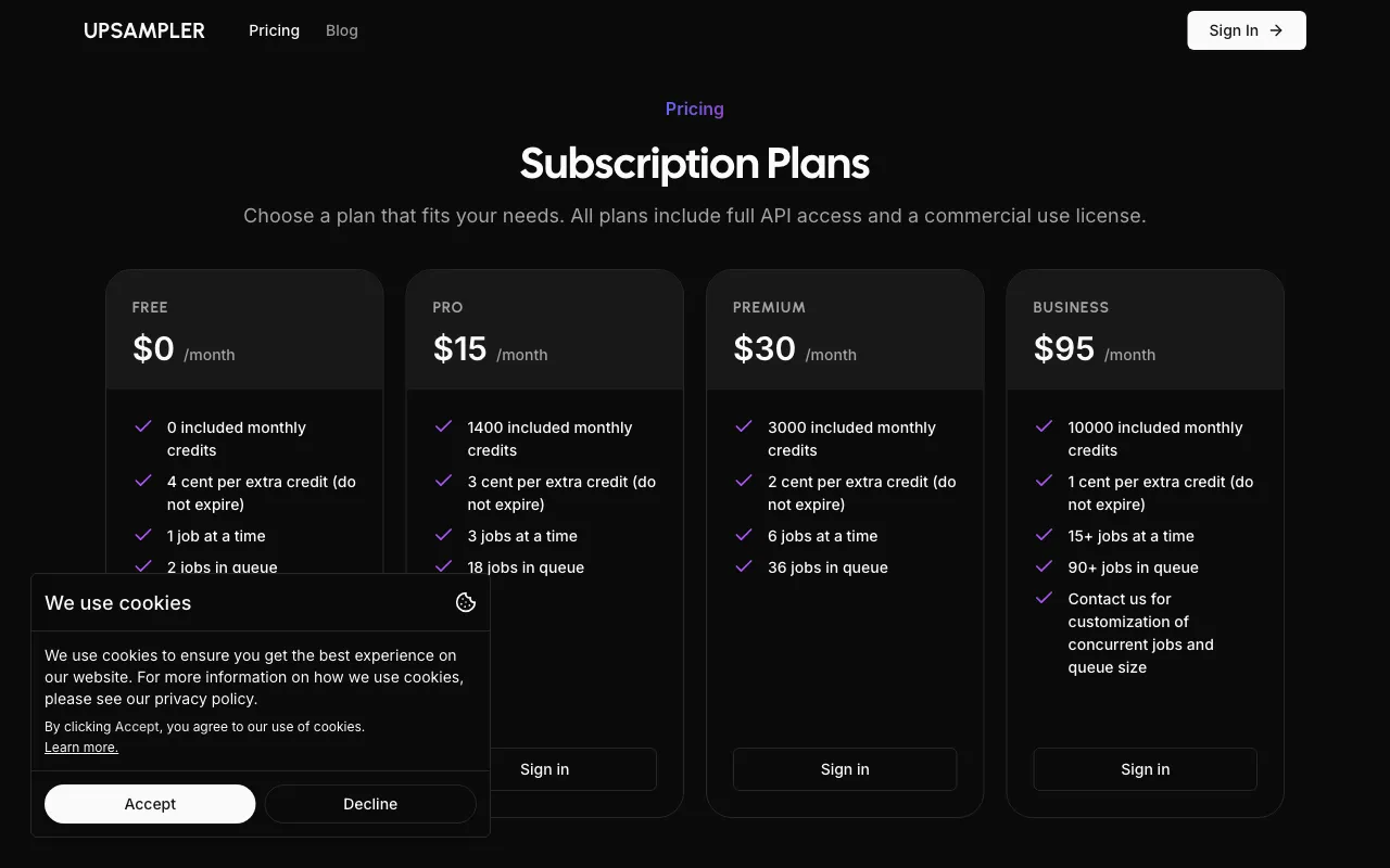 Upsampler — pricing page