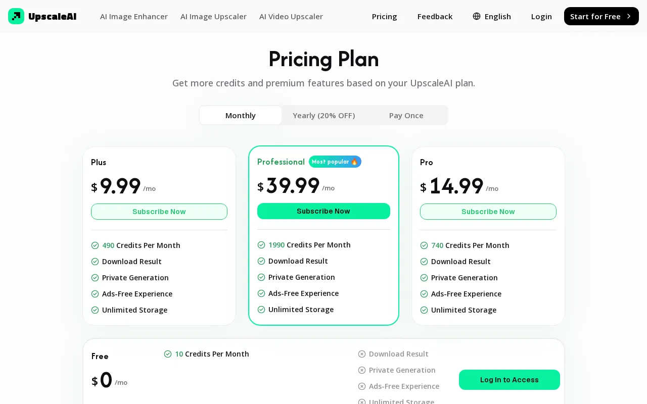 UpscaleAI — pricing page