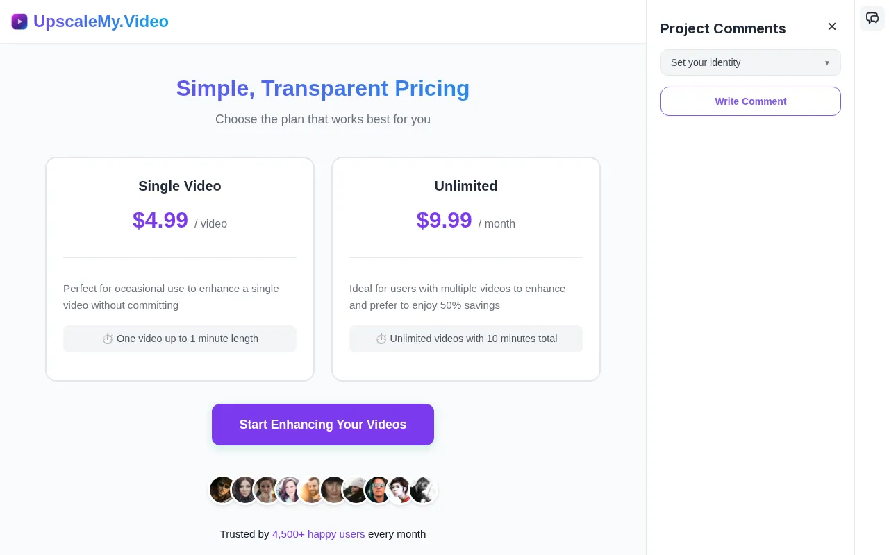 UpscaleMy.Video — pricing page