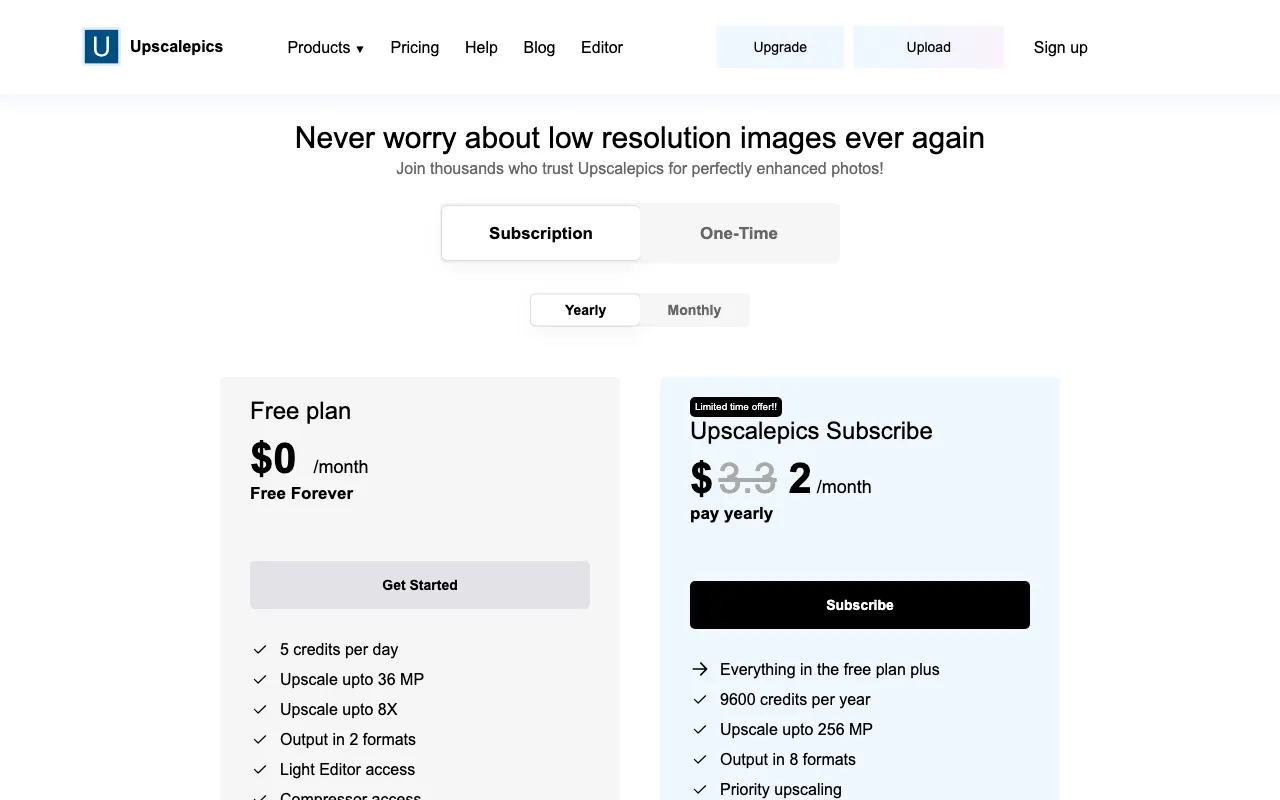 Upscalepics — pricing page