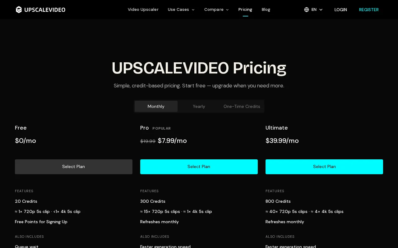 upscalevideo.com — pricing page