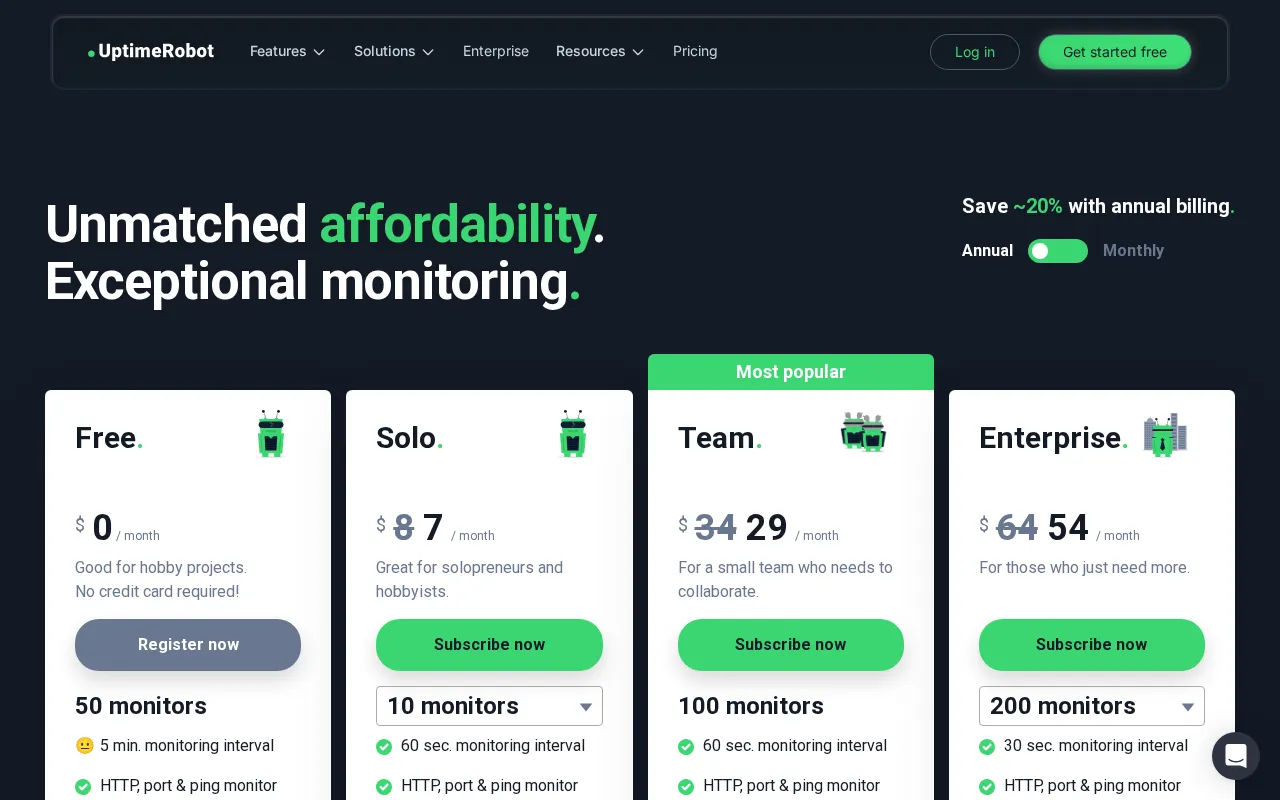 UptimeRobot — pricing page