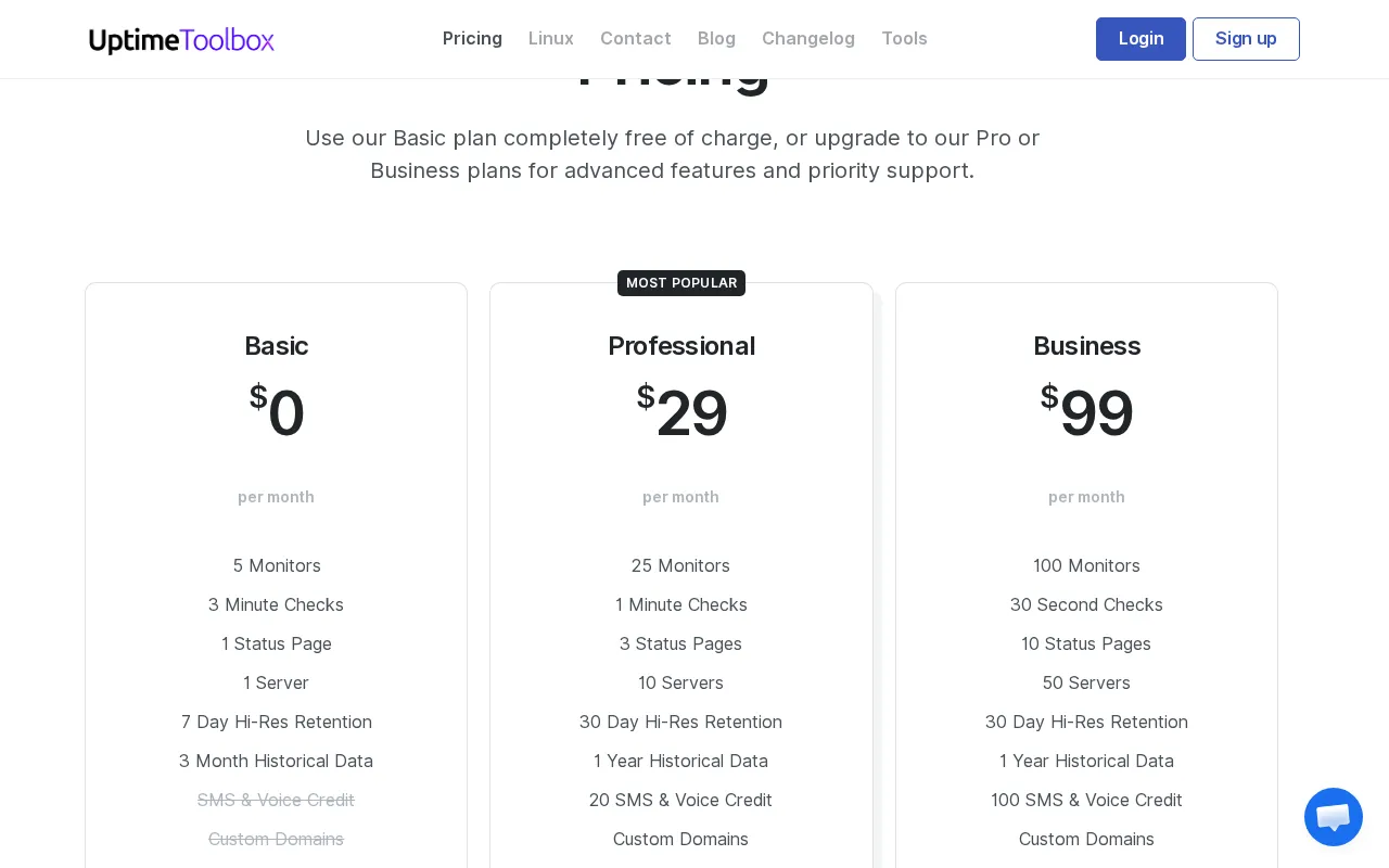 Uptimetoolbox — pricing page