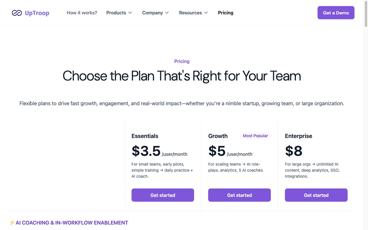 UpTroop — pricing page