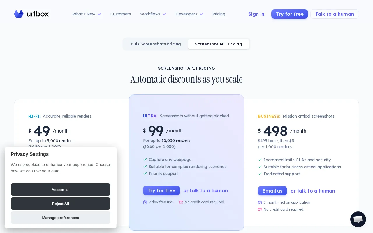 Urlbox — pricing page