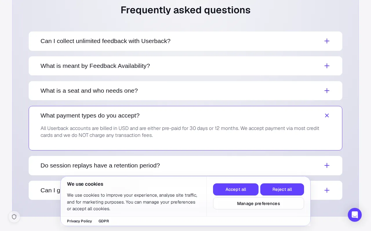 Userback — pricing page