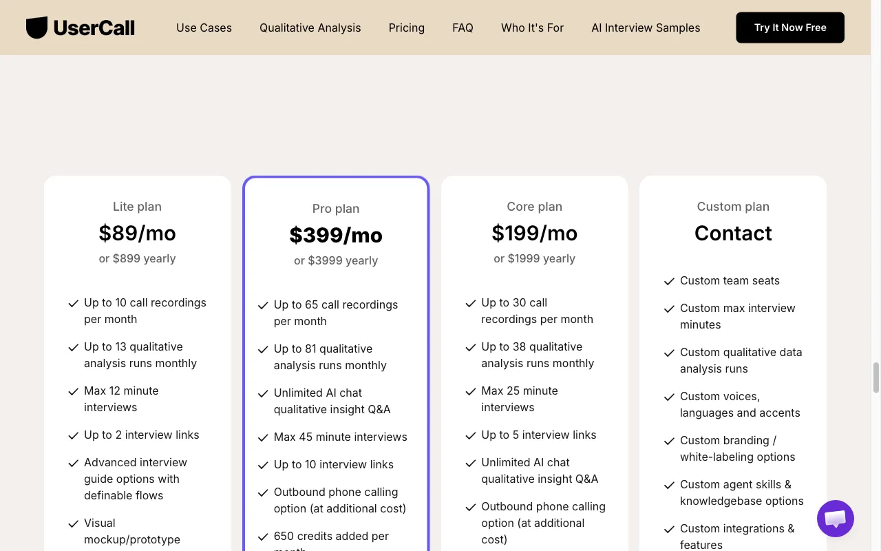 UserCall — pricing page