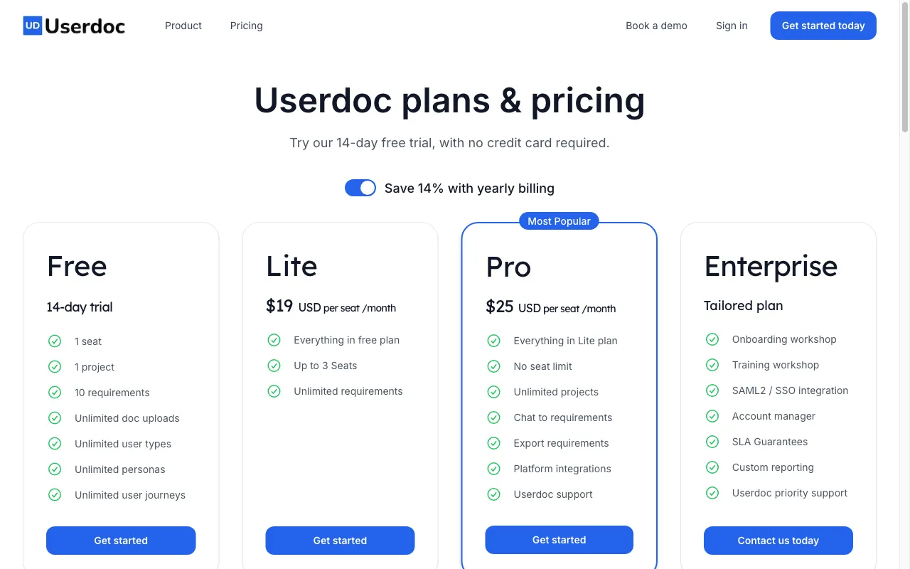Userdoc — pricing page