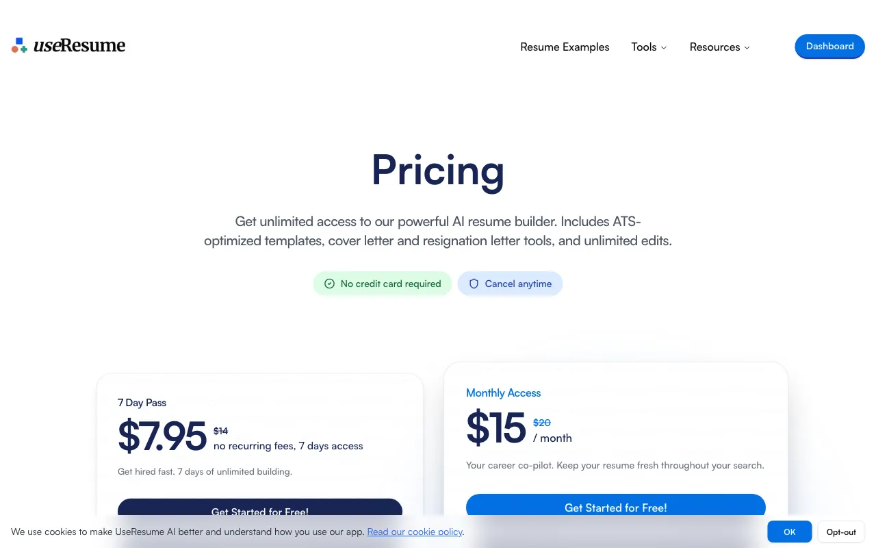 UseResume AI — pricing page