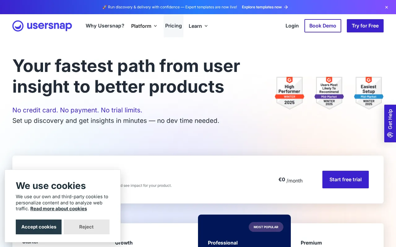 Usersnap — pricing page
