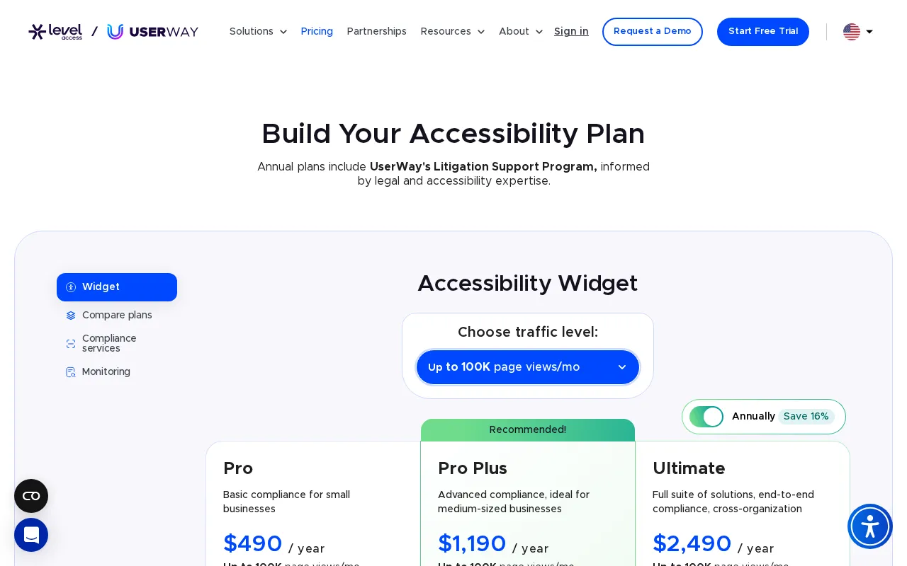 UserWay Accessibility Widget — pricing page