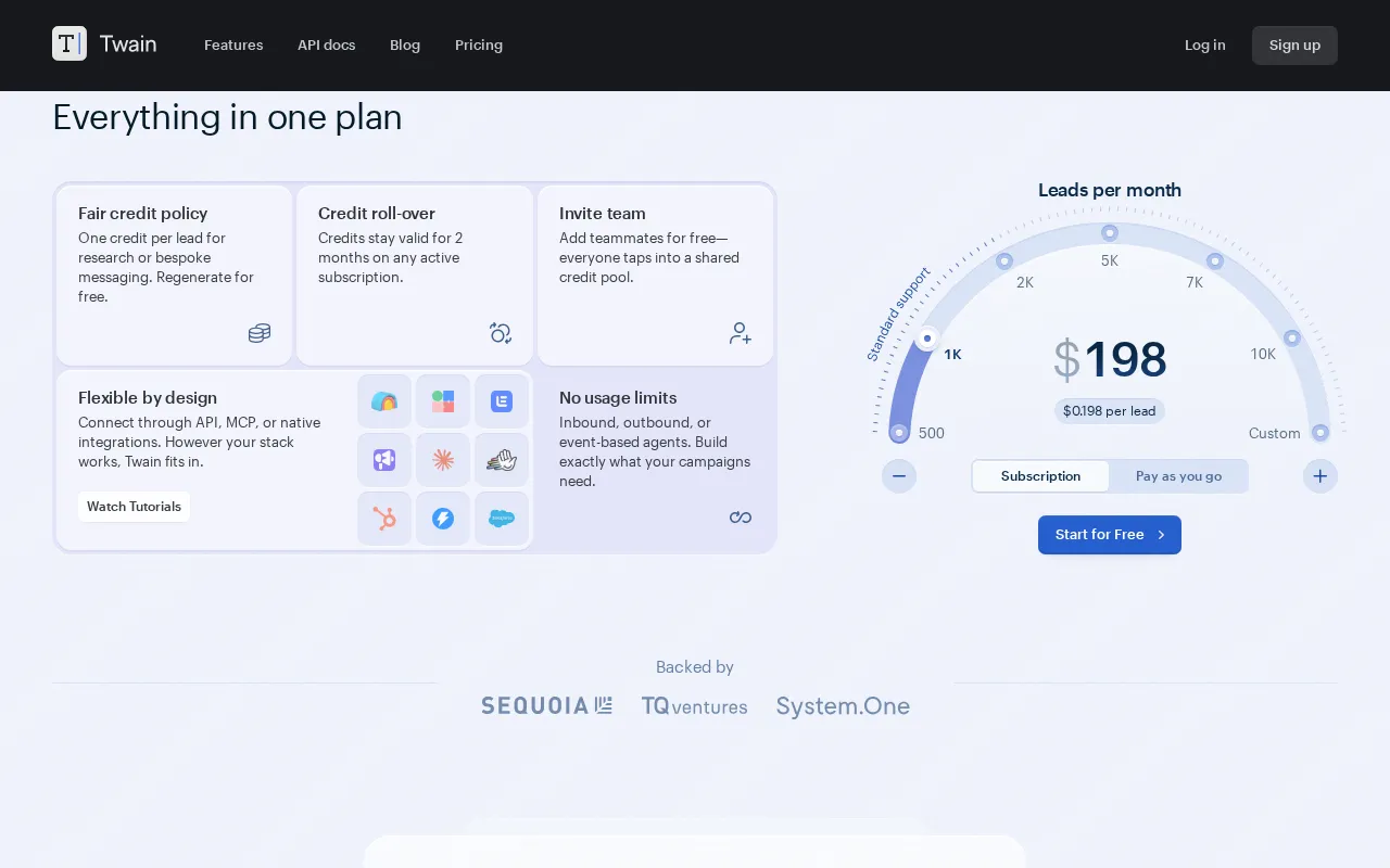 Twain – Outreach with relevant research — pricing page