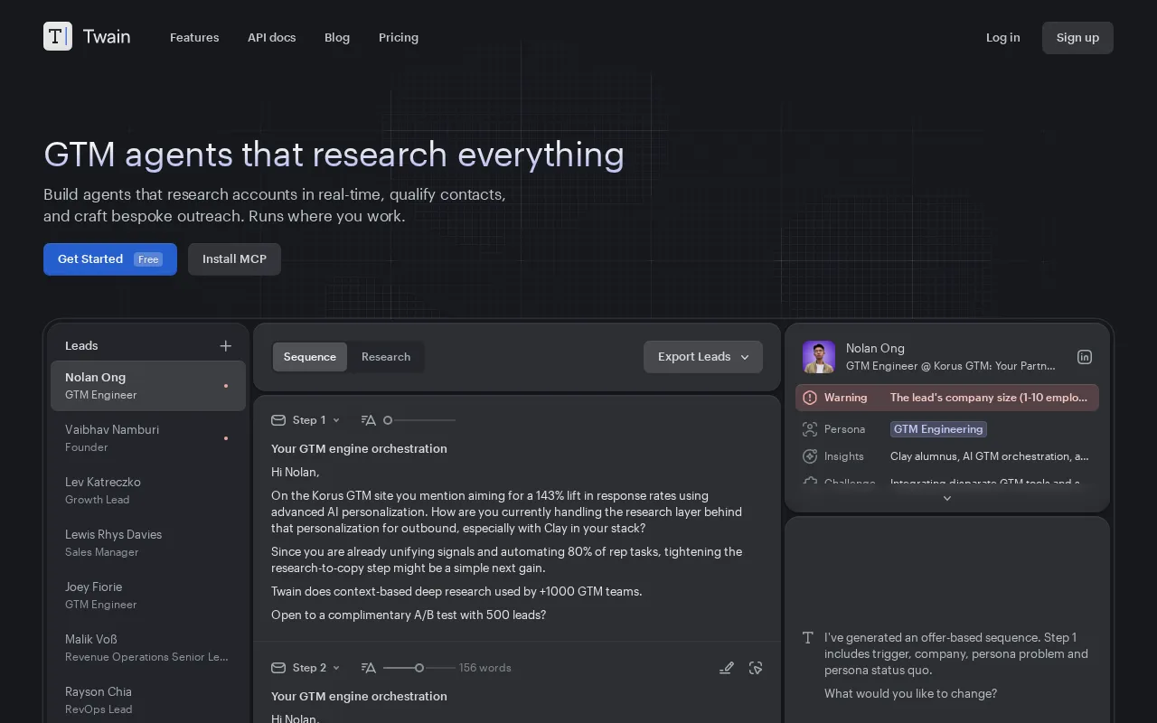 Twain – Outreach with relevant research — preview screenshot