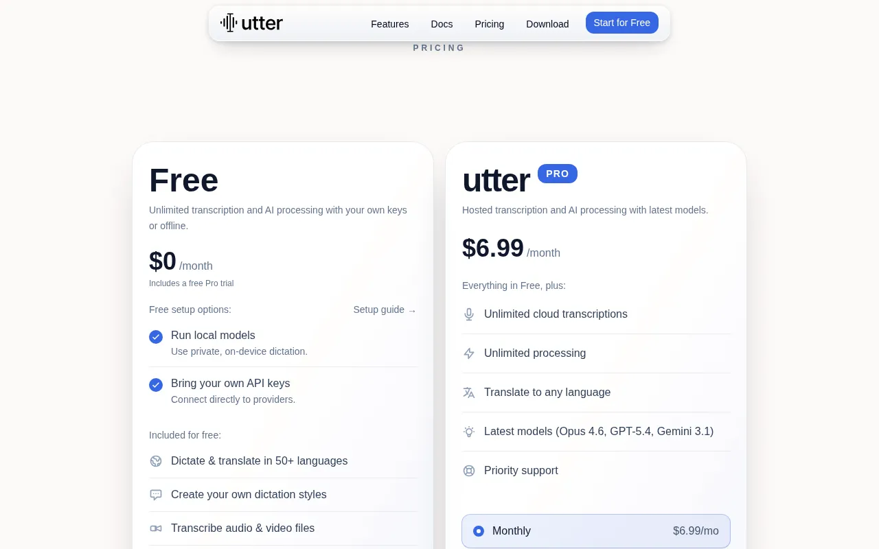 Utter.to — pricing page