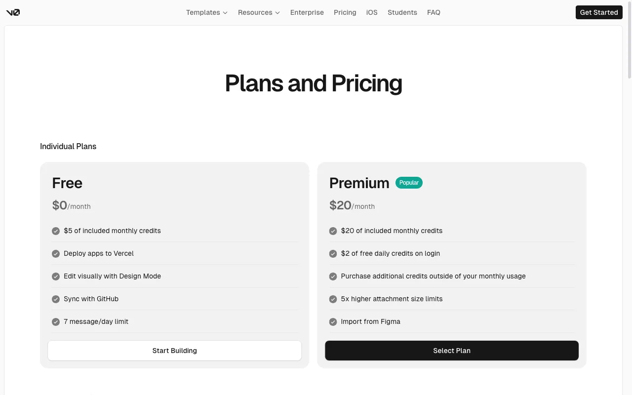 v0.dev by Vercel Labs — pricing page