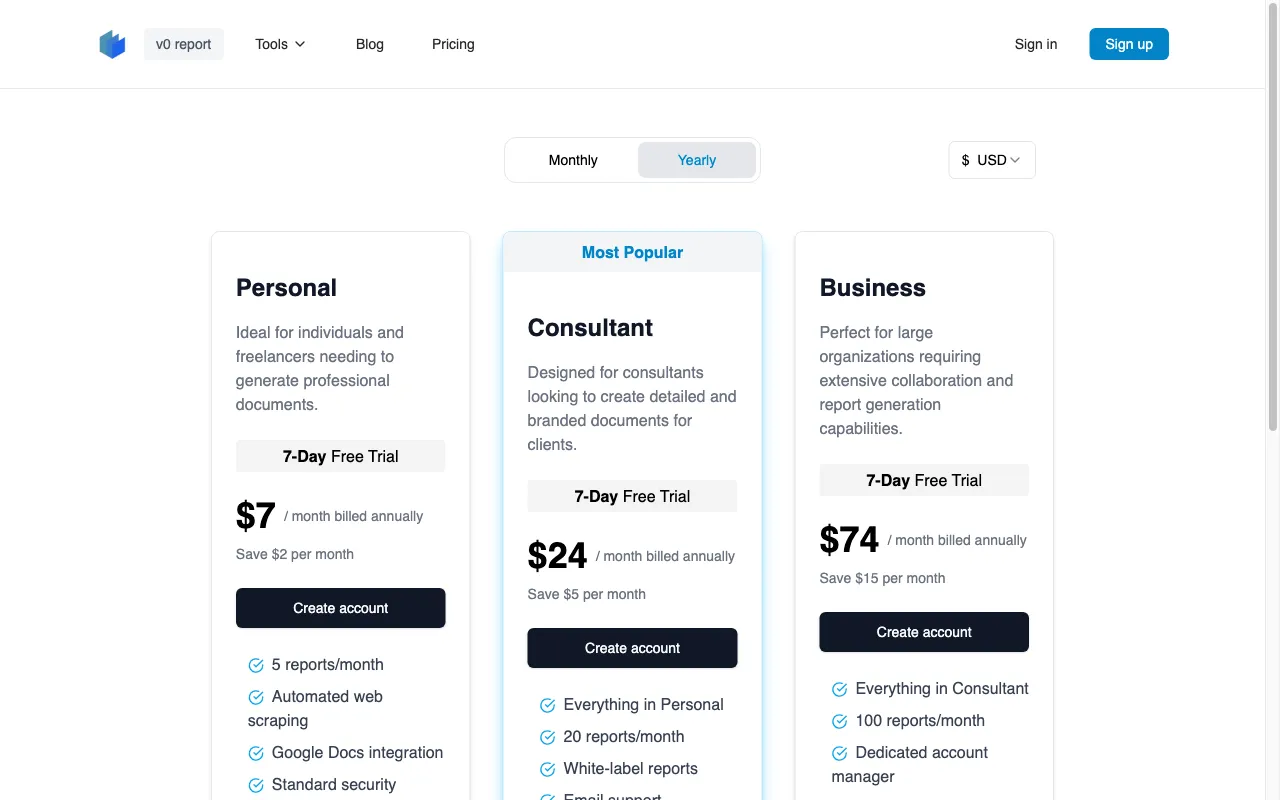 v0 report — pricing page