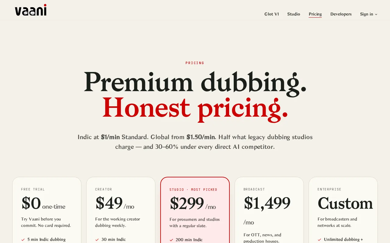 Vaani — pricing page