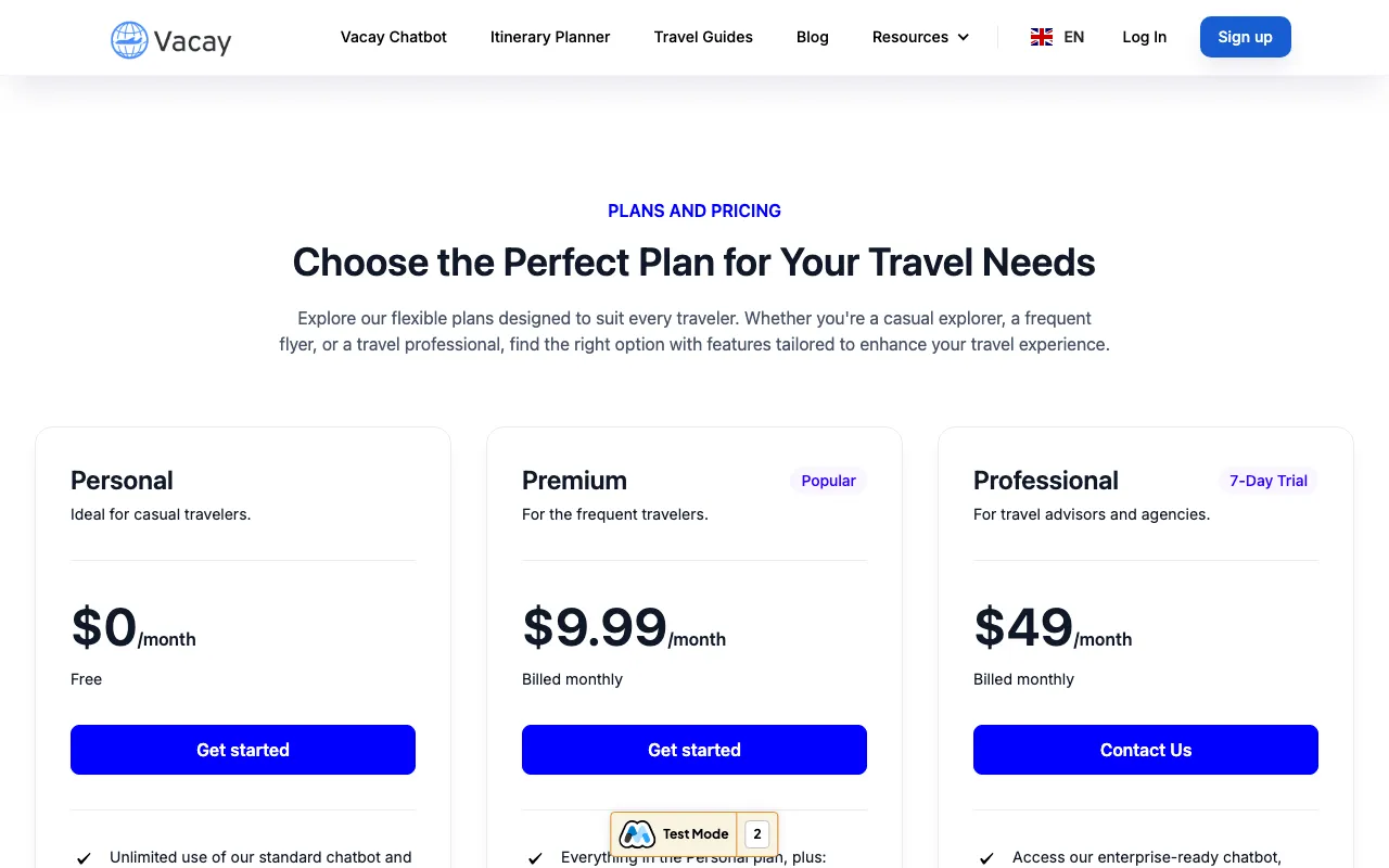 Vacay — pricing page