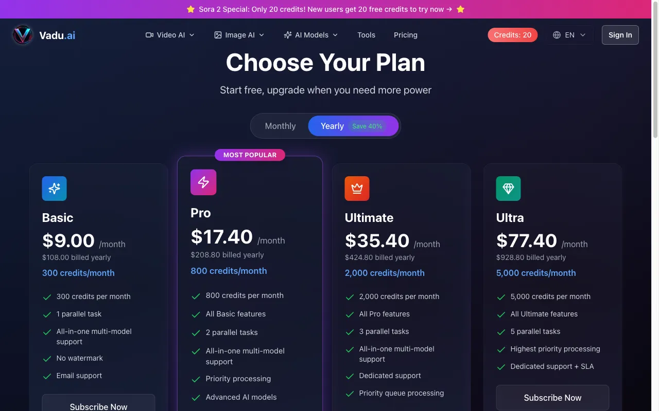 Vadu AI — pricing page