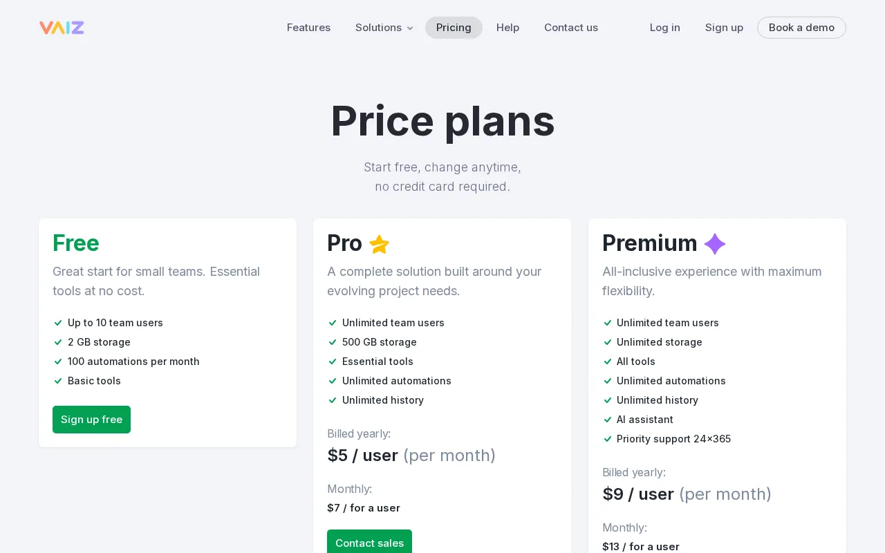 Vaiz — pricing page