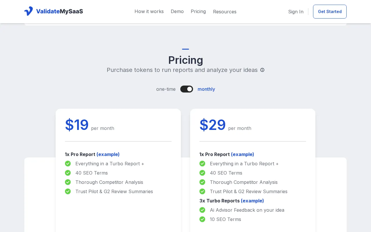Validate My SaaS — pricing page