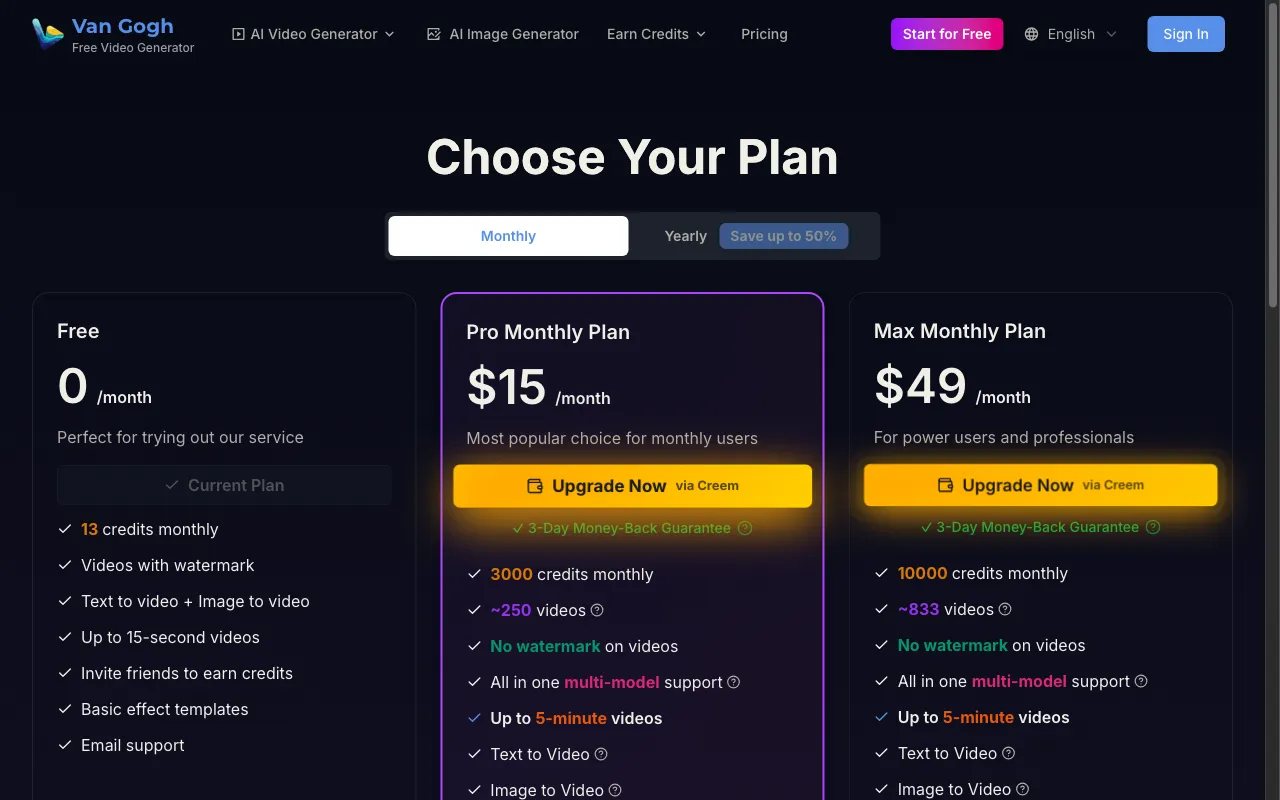 Van Gogh Free Video Generator — pricing page