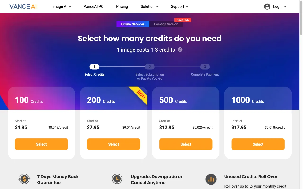 Vance AI Background Remover — pricing page