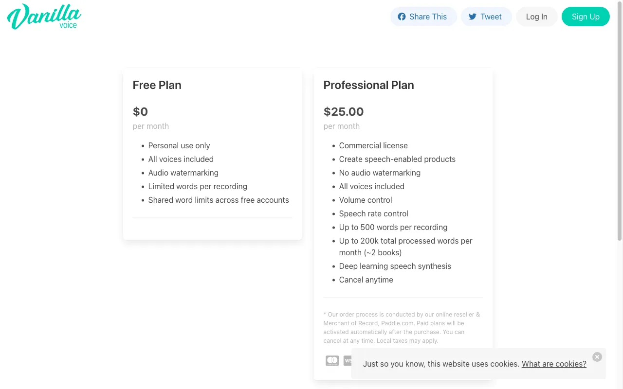 VanillaVoice — pricing page