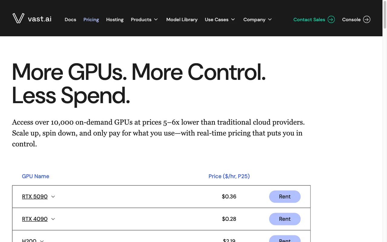 Vast ai — pricing page