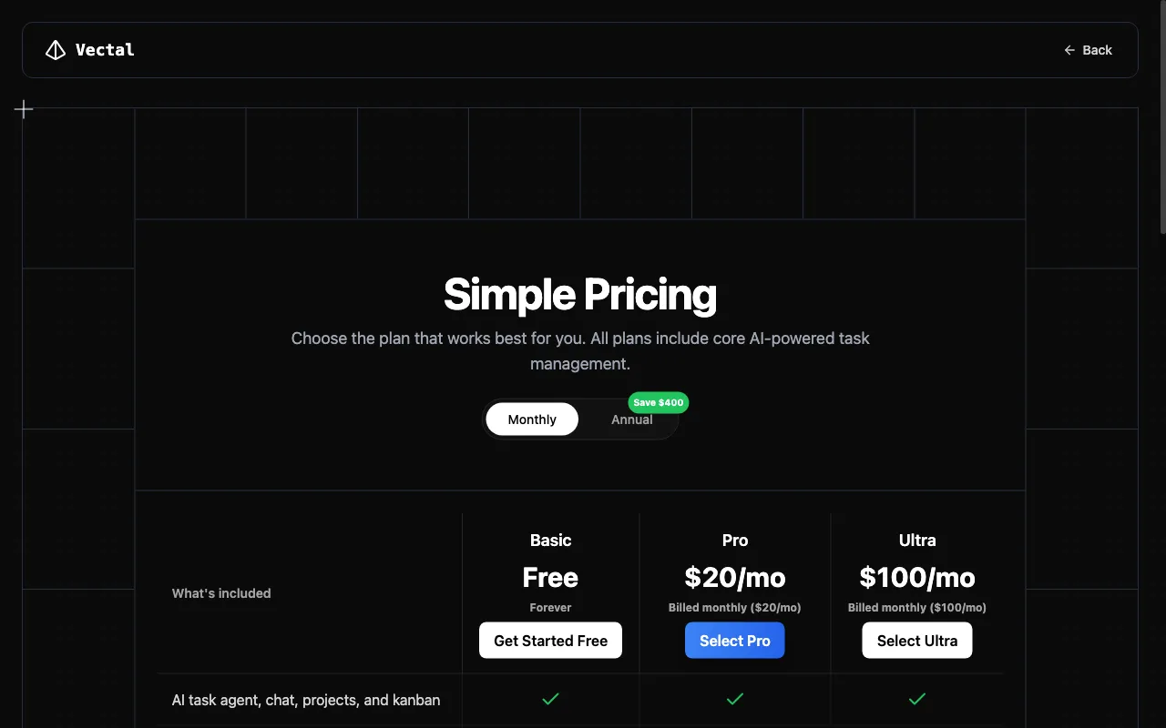 vectal.ai — pricing page