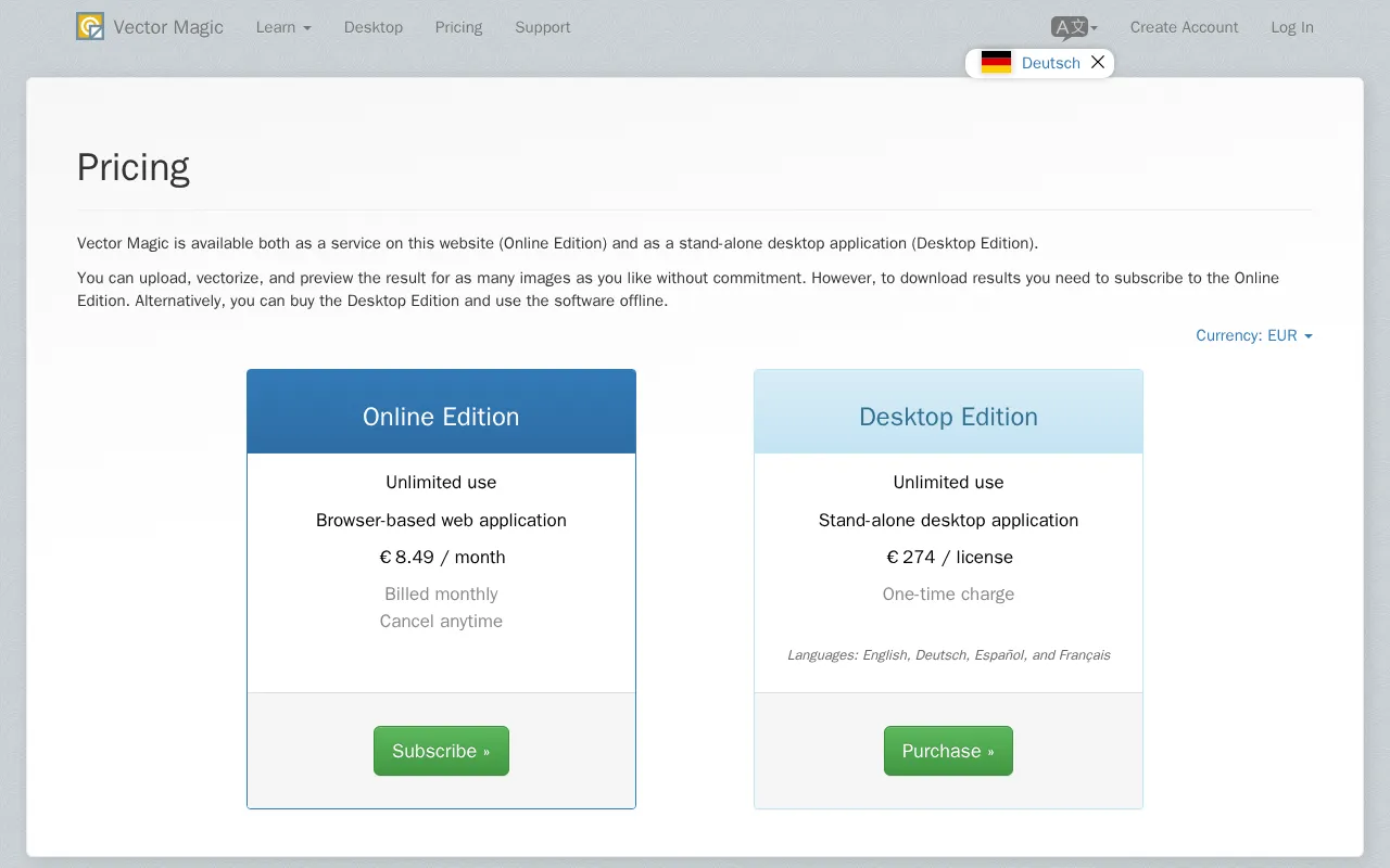 Vector Magic — pricing page