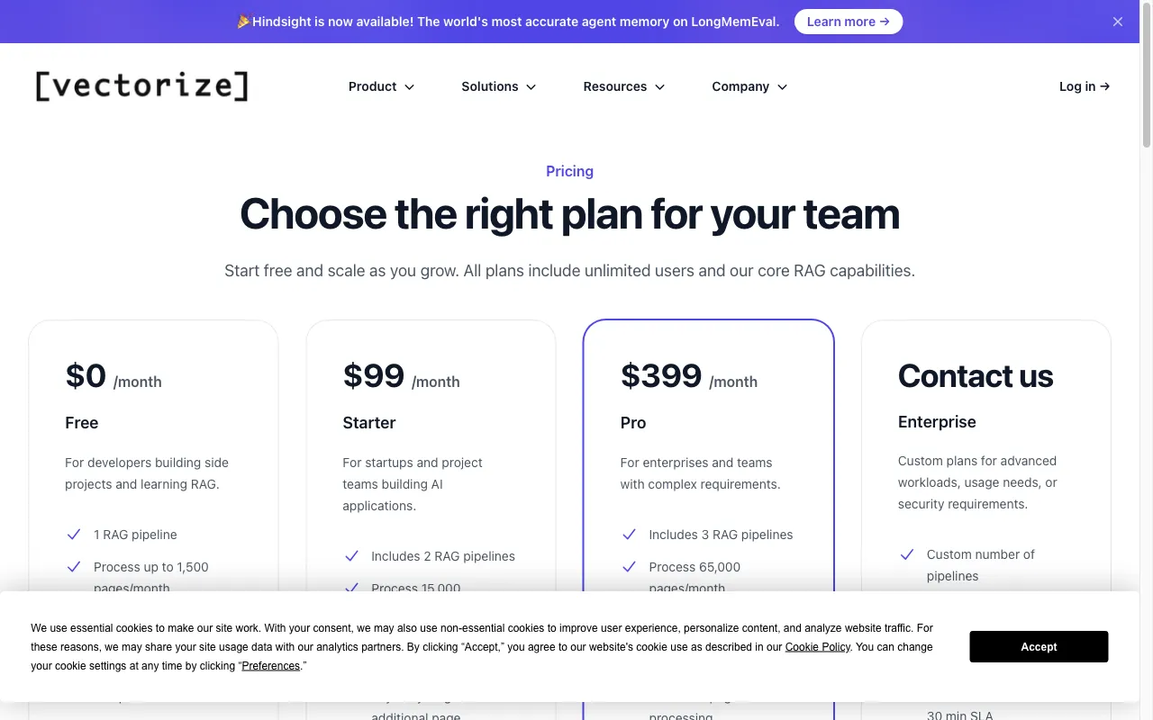 Vectorize — pricing page