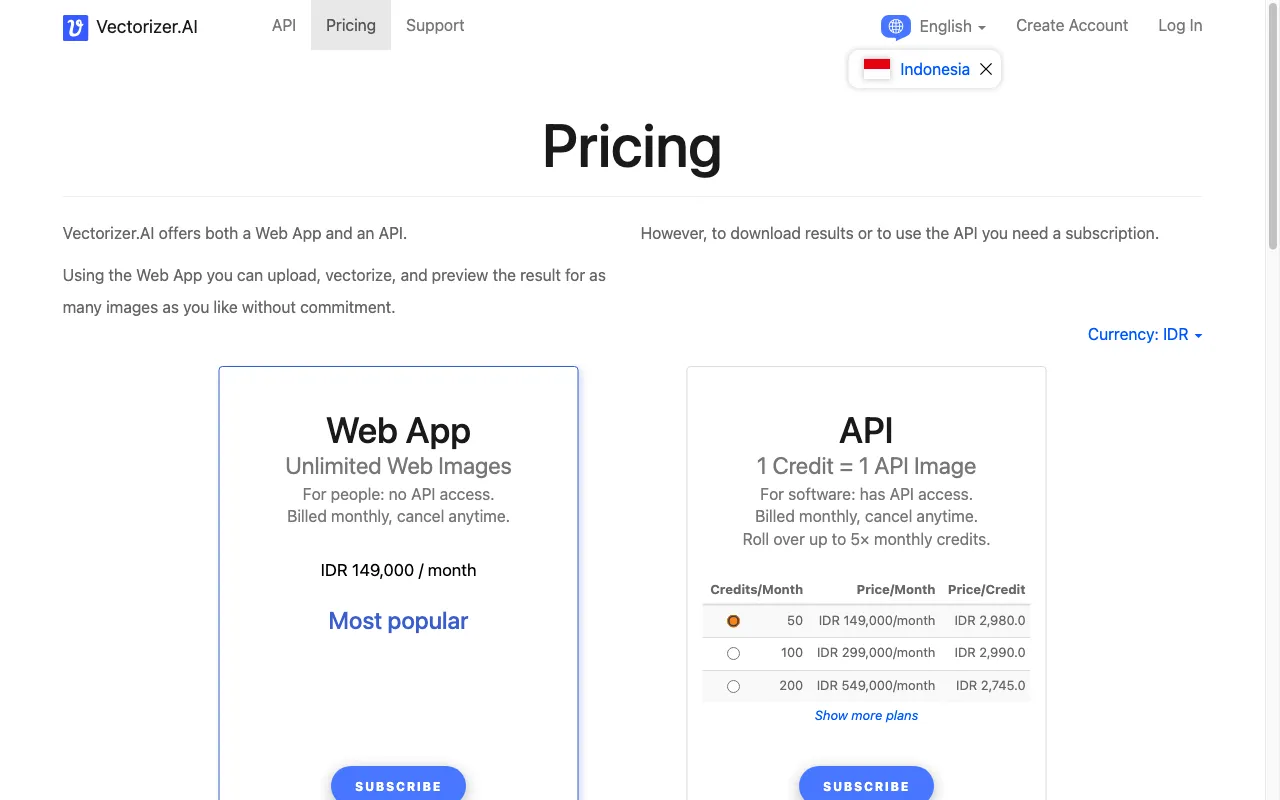 Vectorizer AI — pricing page