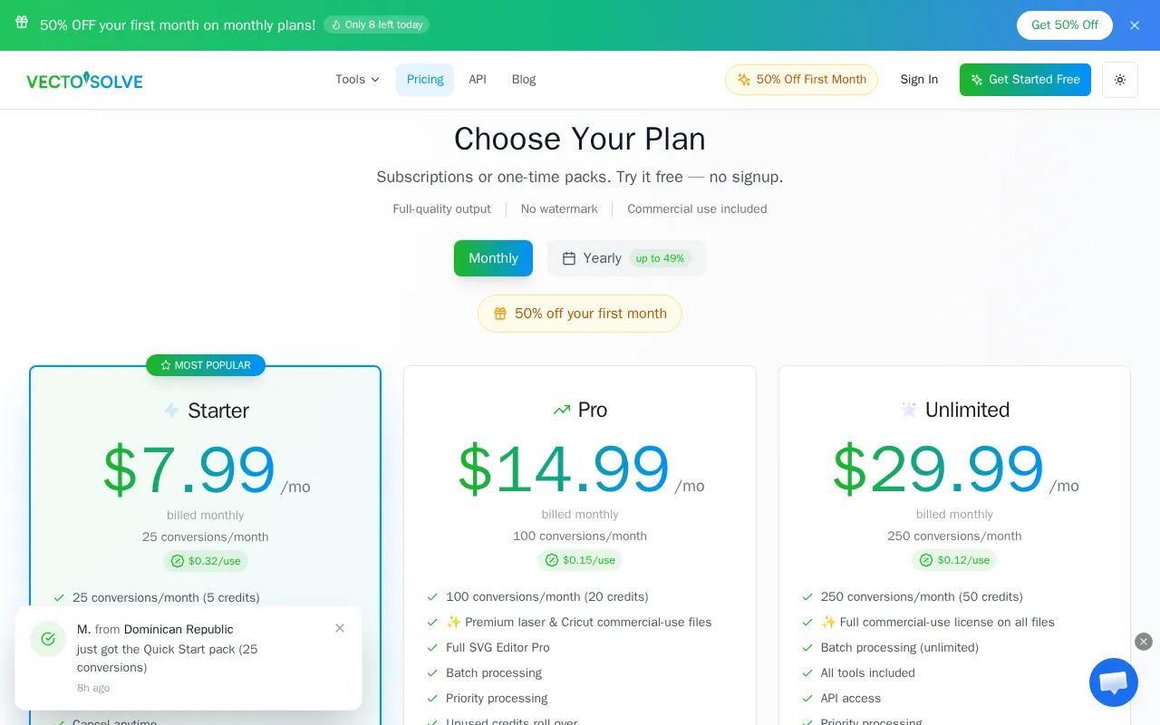 VectoSolve — pricing page