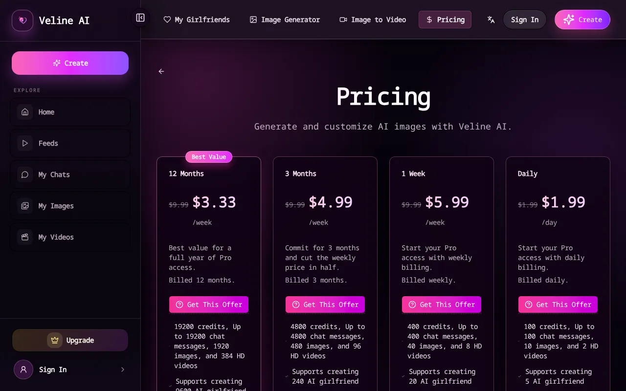 Veline AI — pricing page