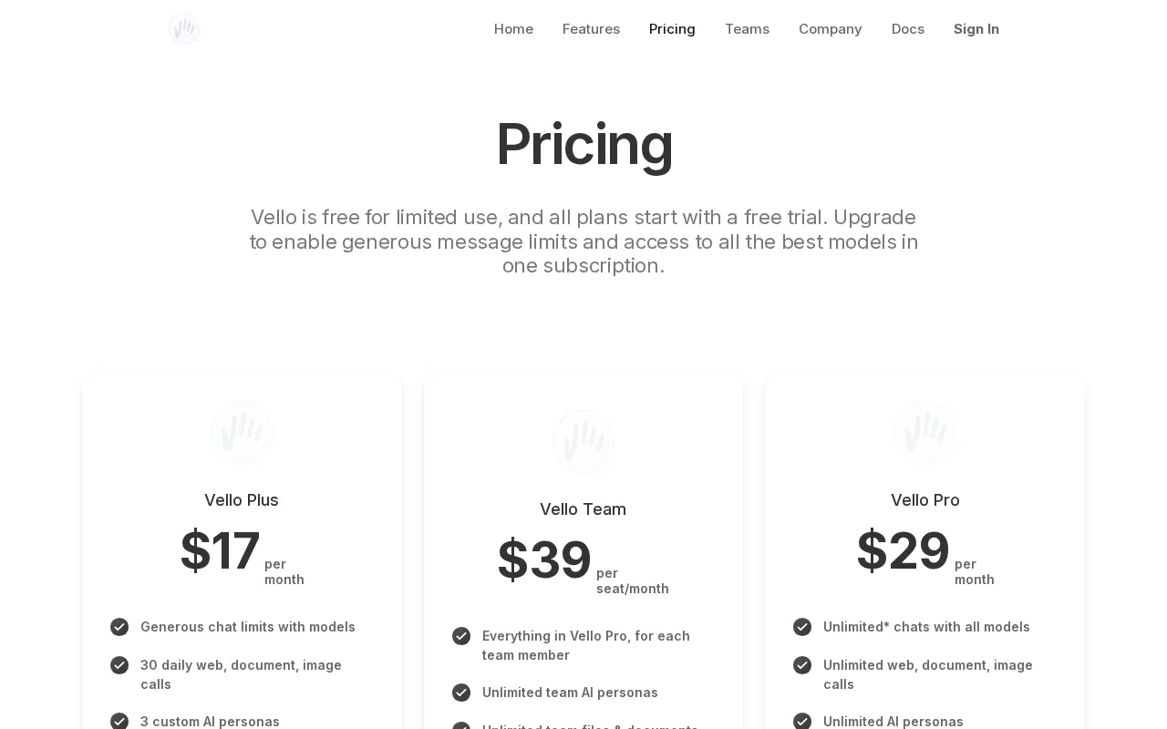 Vello — pricing page