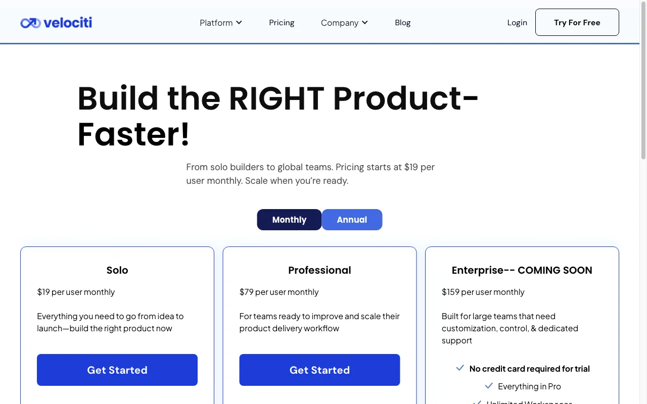 VelocitiPM — pricing page