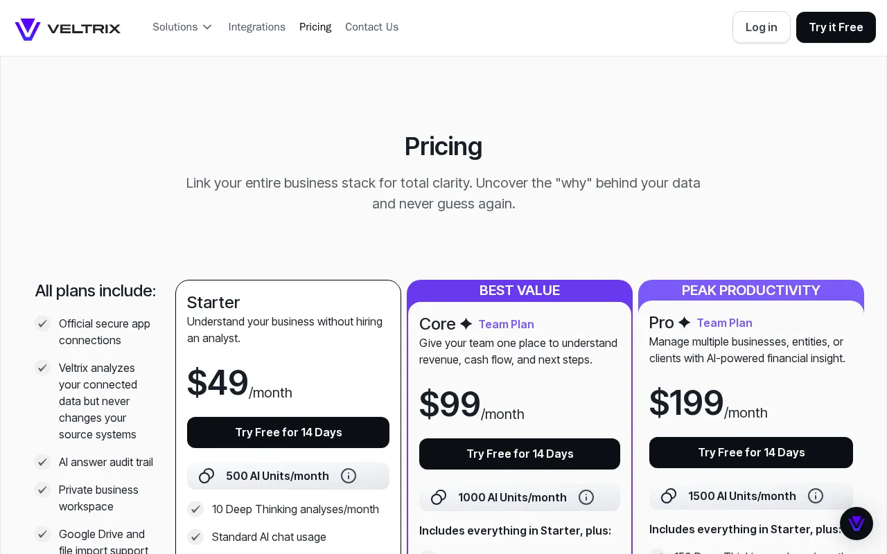 Veltrix AI — pricing page