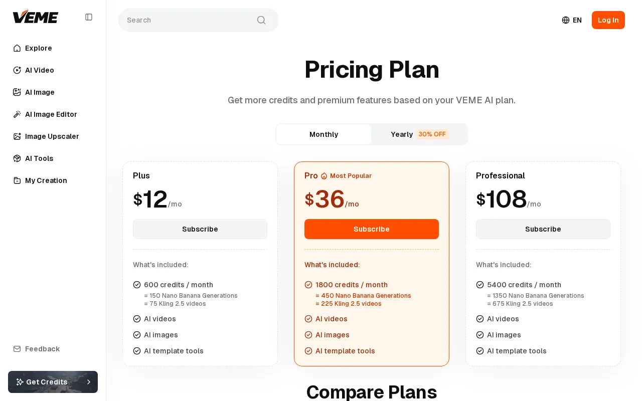 VEME.ai — pricing page