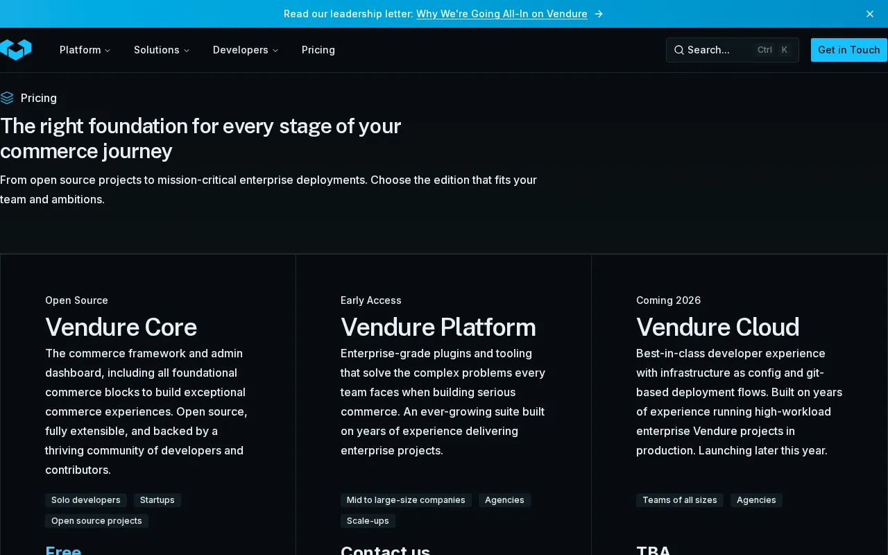 Vendure — pricing page
