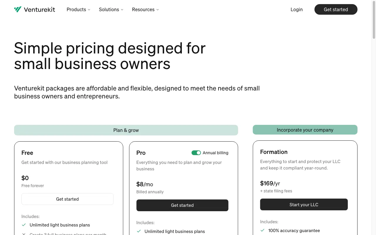 Venturekit — pricing page