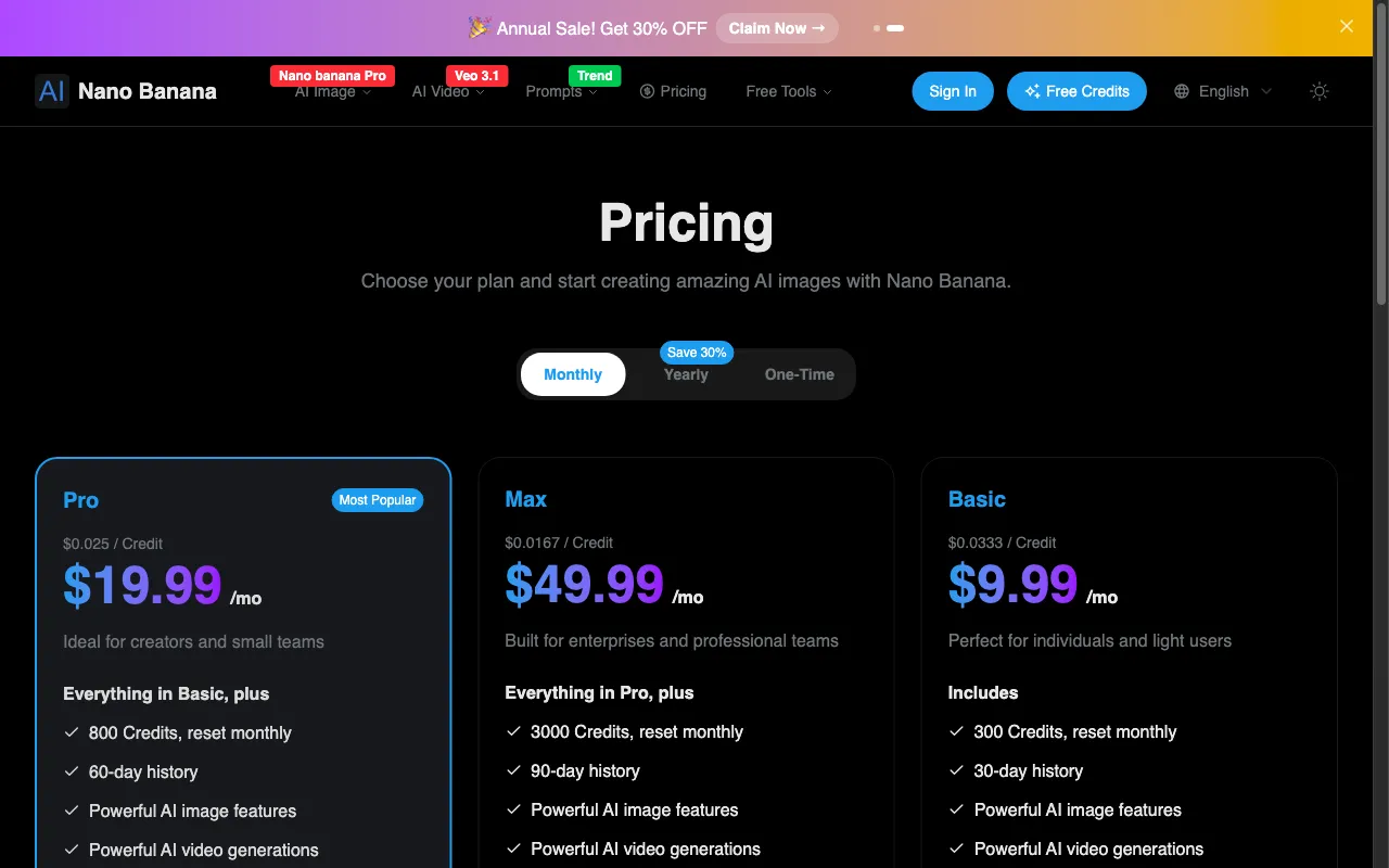 nano-banana.io — pricing page