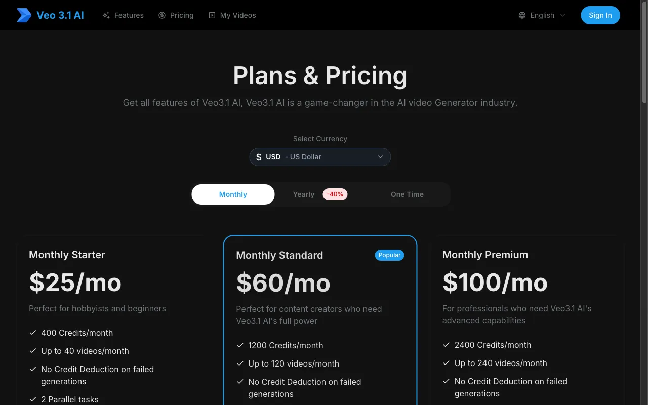 Veo 3.1.io — pricing page