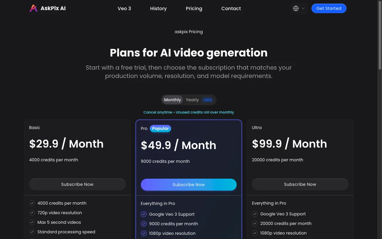Veo 3 — pricing page