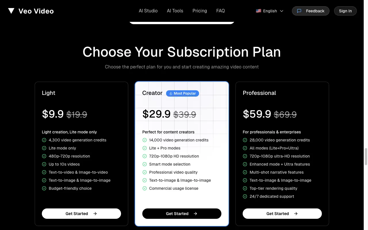 Veo Video — pricing page